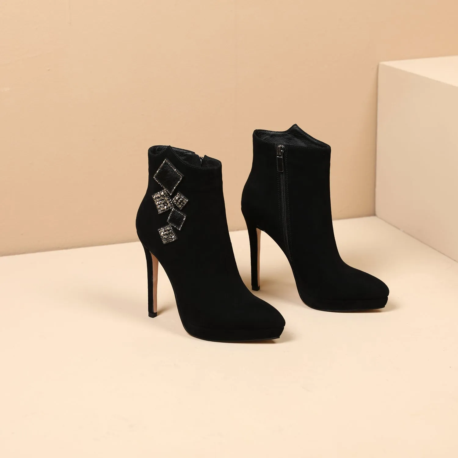 TinaCus Handmade Women's Suede Leather Cube Rhinestones Side Zipper Pointed Toe Platform High Stiletto Heel Ankle Boots