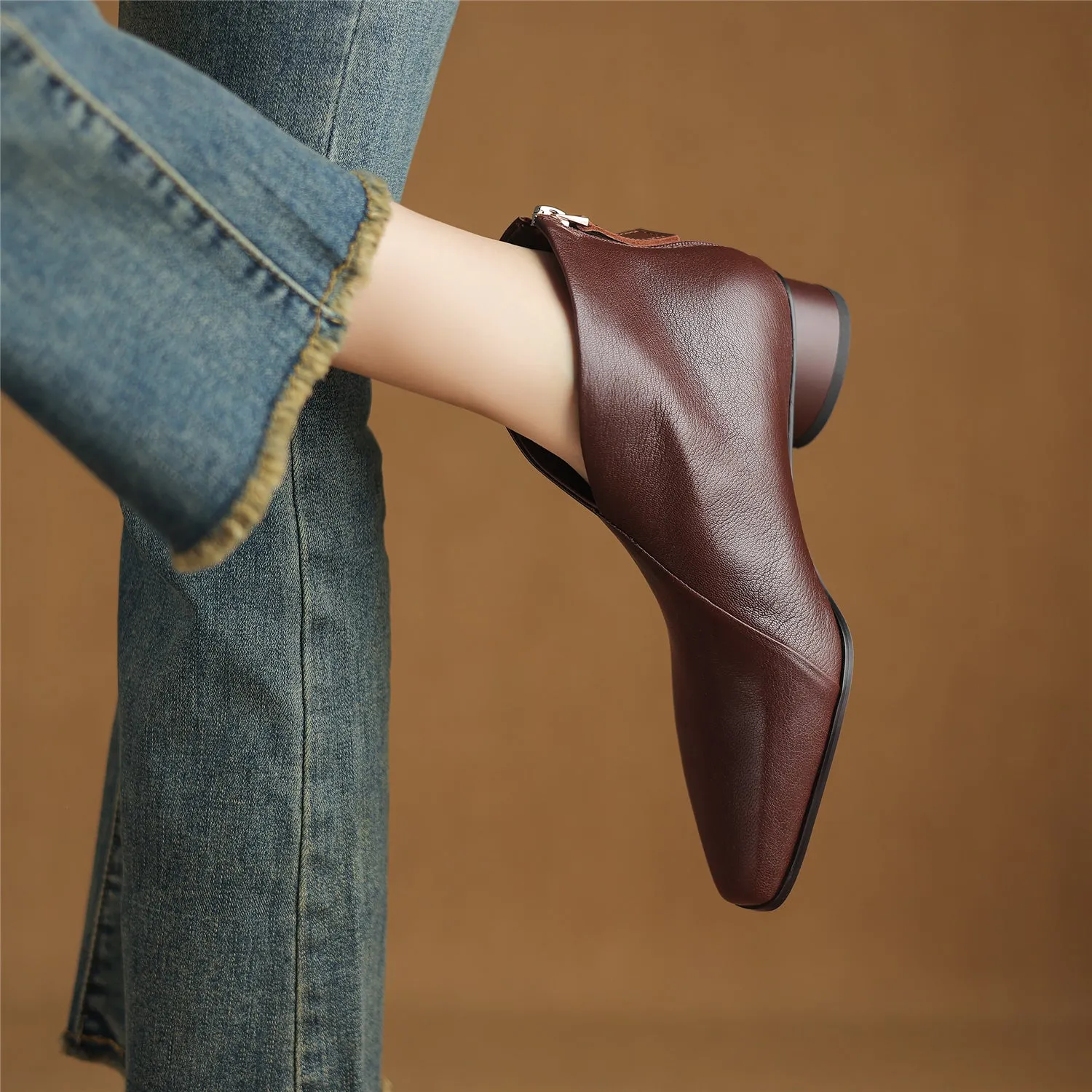 TinaCus Women Square Toe Genuine Leather Chunky Heel Handmade Back Zip Ankle Boots