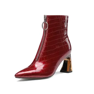 TinaCus Women's Handmade Patent Leather Pointed Toe Stylish Front Zip Up High Spool Heel Ankle Boots