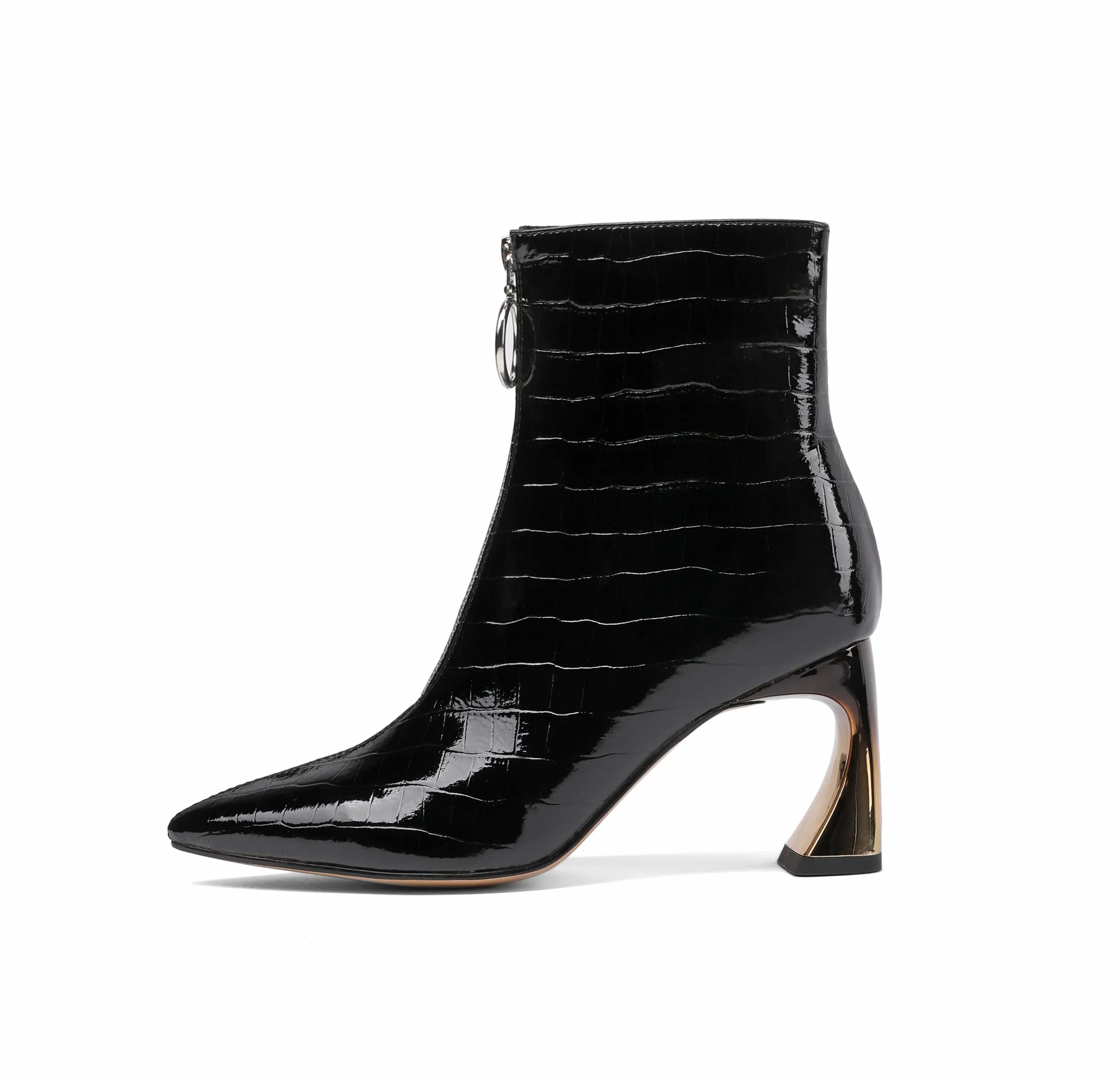 TinaCus Women's Handmade Patent Leather Pointed Toe Stylish Front Zip Up High Spool Heel Ankle Boots