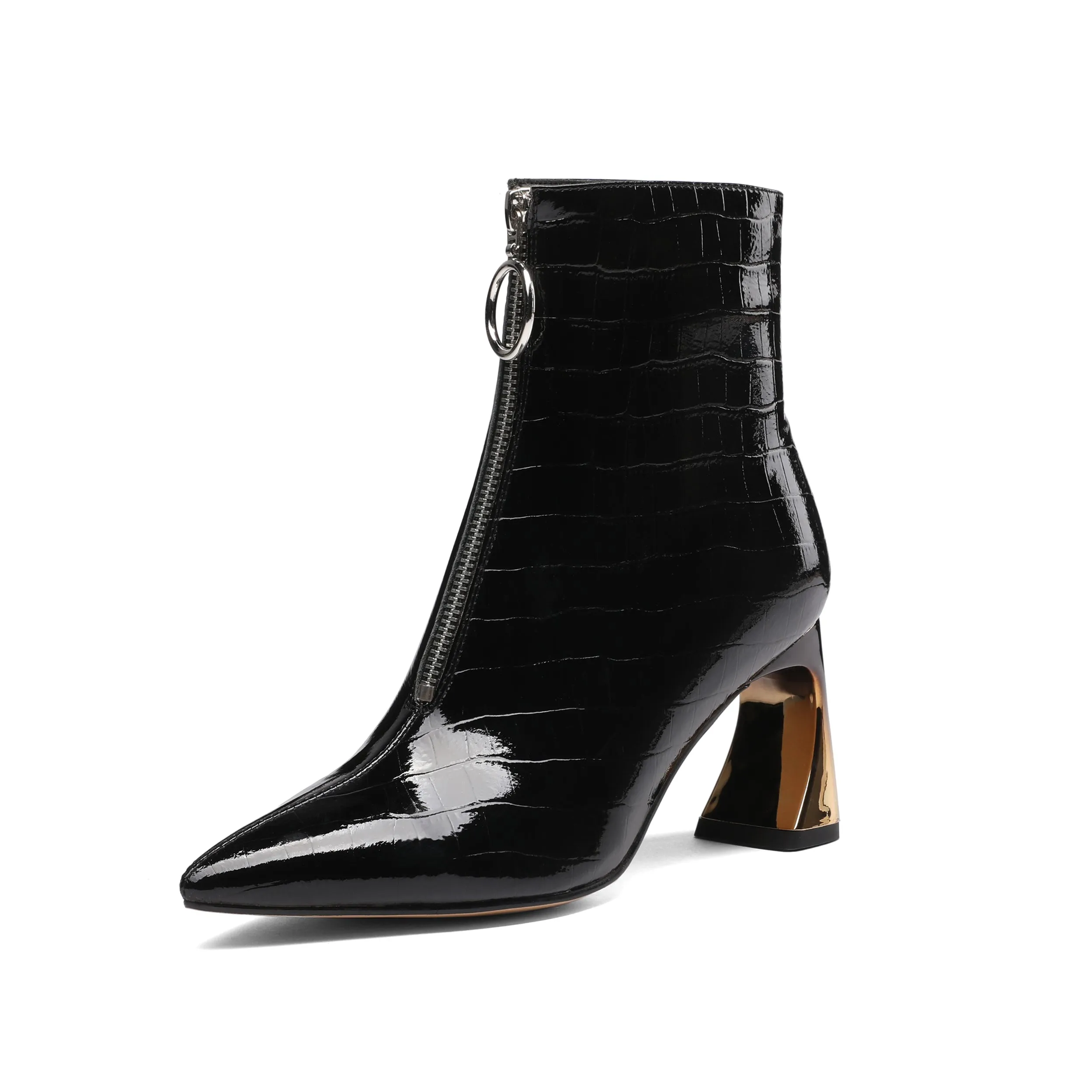 TinaCus Women's Handmade Patent Leather Pointed Toe Stylish Front Zip Up High Spool Heel Ankle Boots