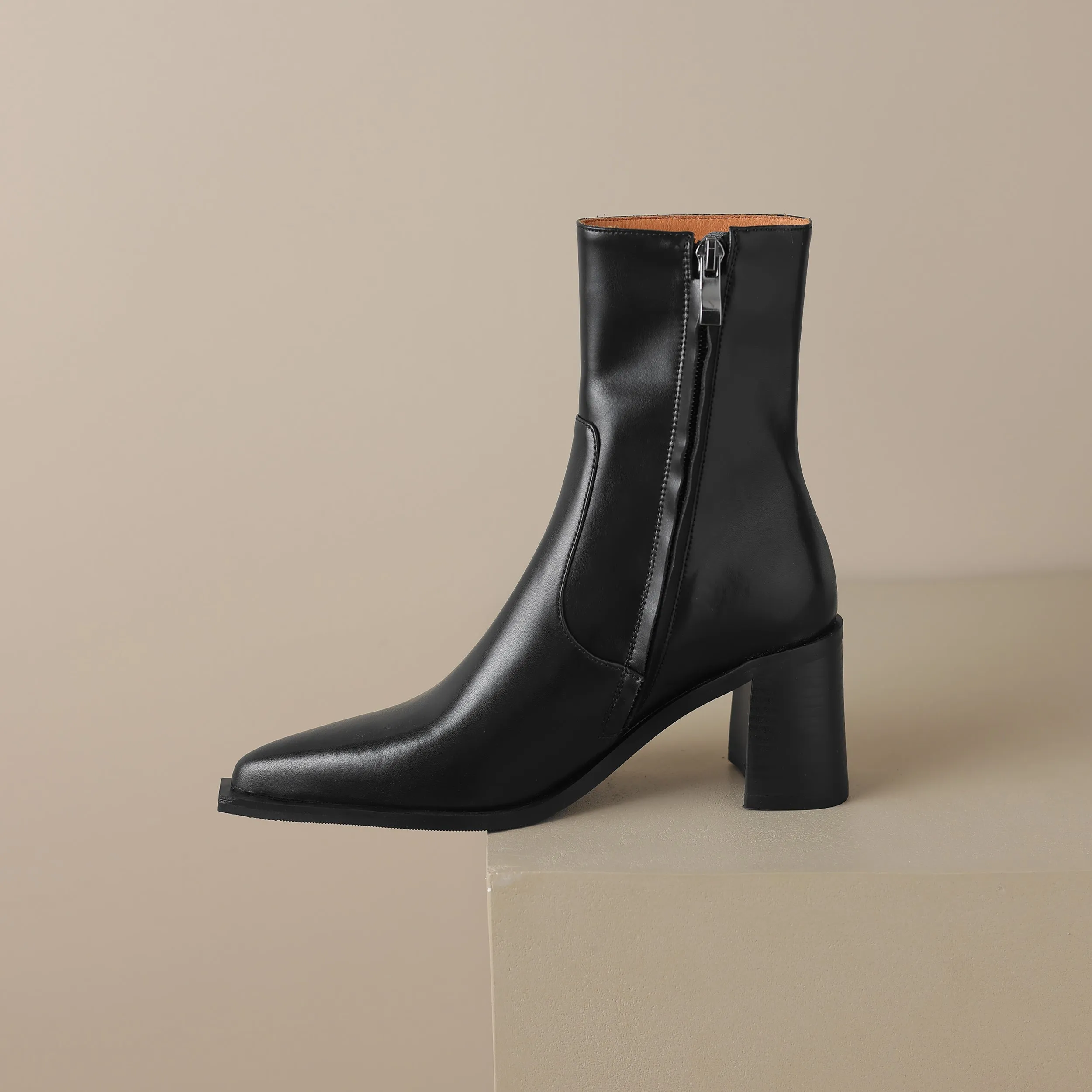TinaCus Women's Pointed Toe Genuine Leather Handmade Chunky Heel Zip Up Mid Calf Boots