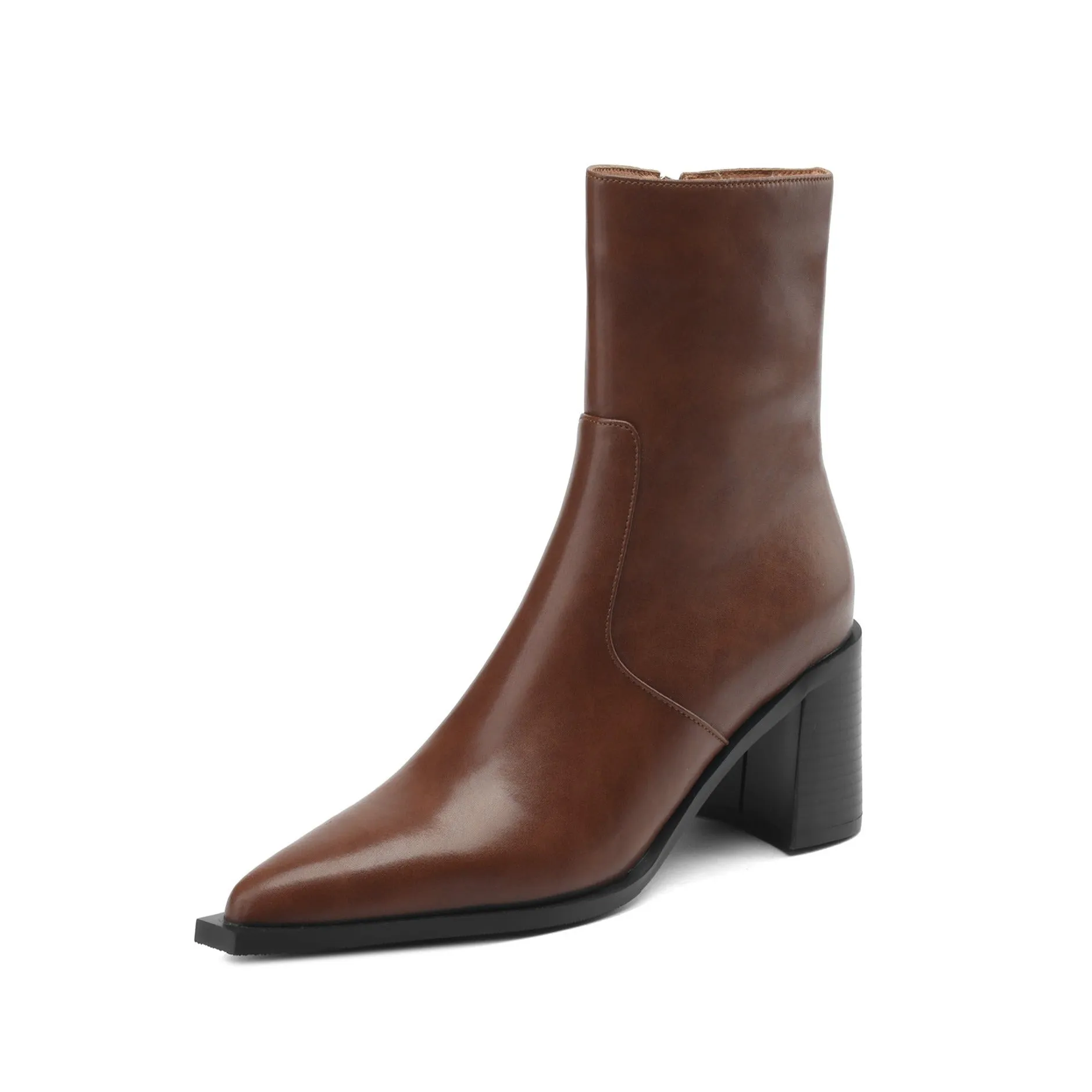 TinaCus Women's Pointed Toe Genuine Leather Handmade Chunky Heel Zip Up Mid Calf Boots