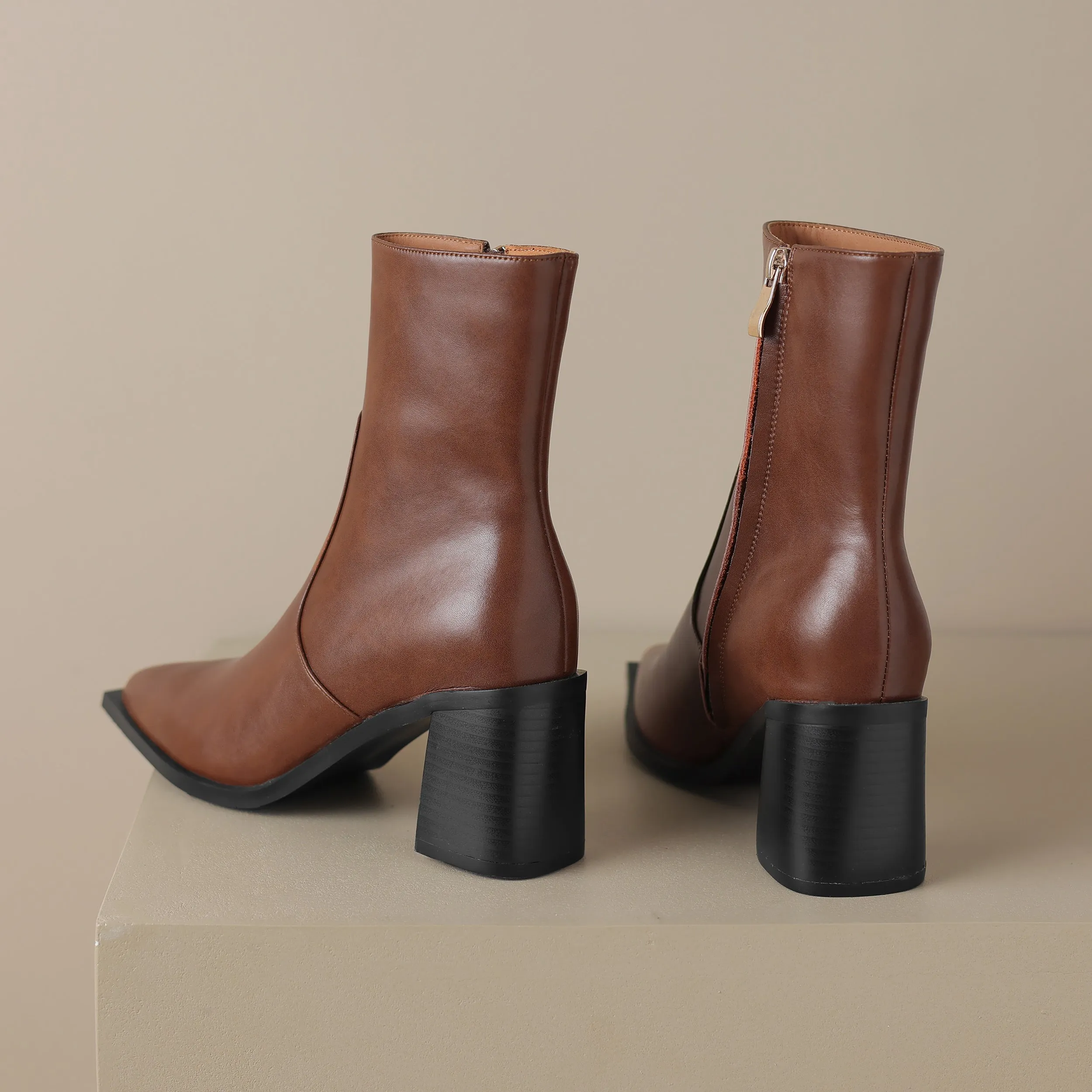 TinaCus Women's Pointed Toe Genuine Leather Handmade Chunky Heel Zip Up Mid Calf Boots