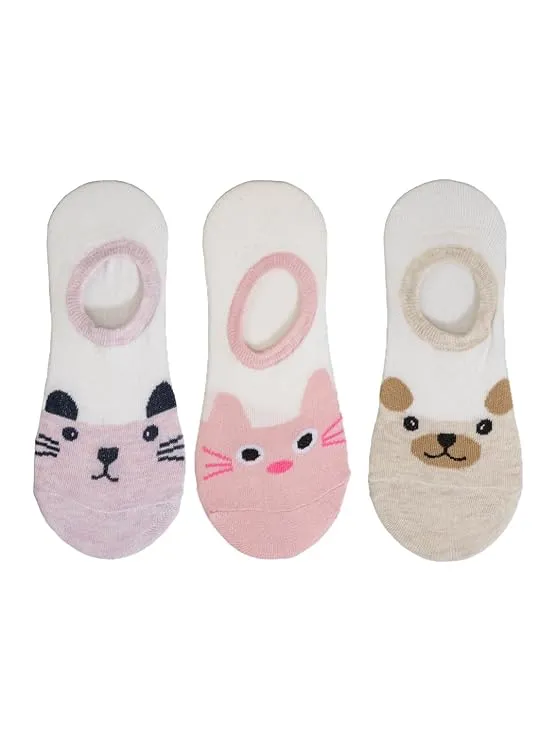 Whimsical Paws Low Cut Invisible Socks for Girls - Trio Pack in Pink, Beige, and Grey