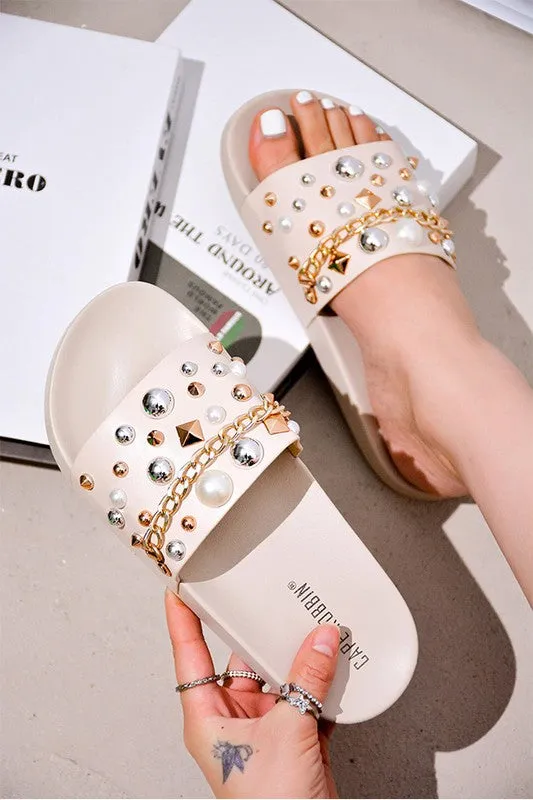 WOMENS, BEJEWELED, ONE STRAP OPEN TOE SLIDE