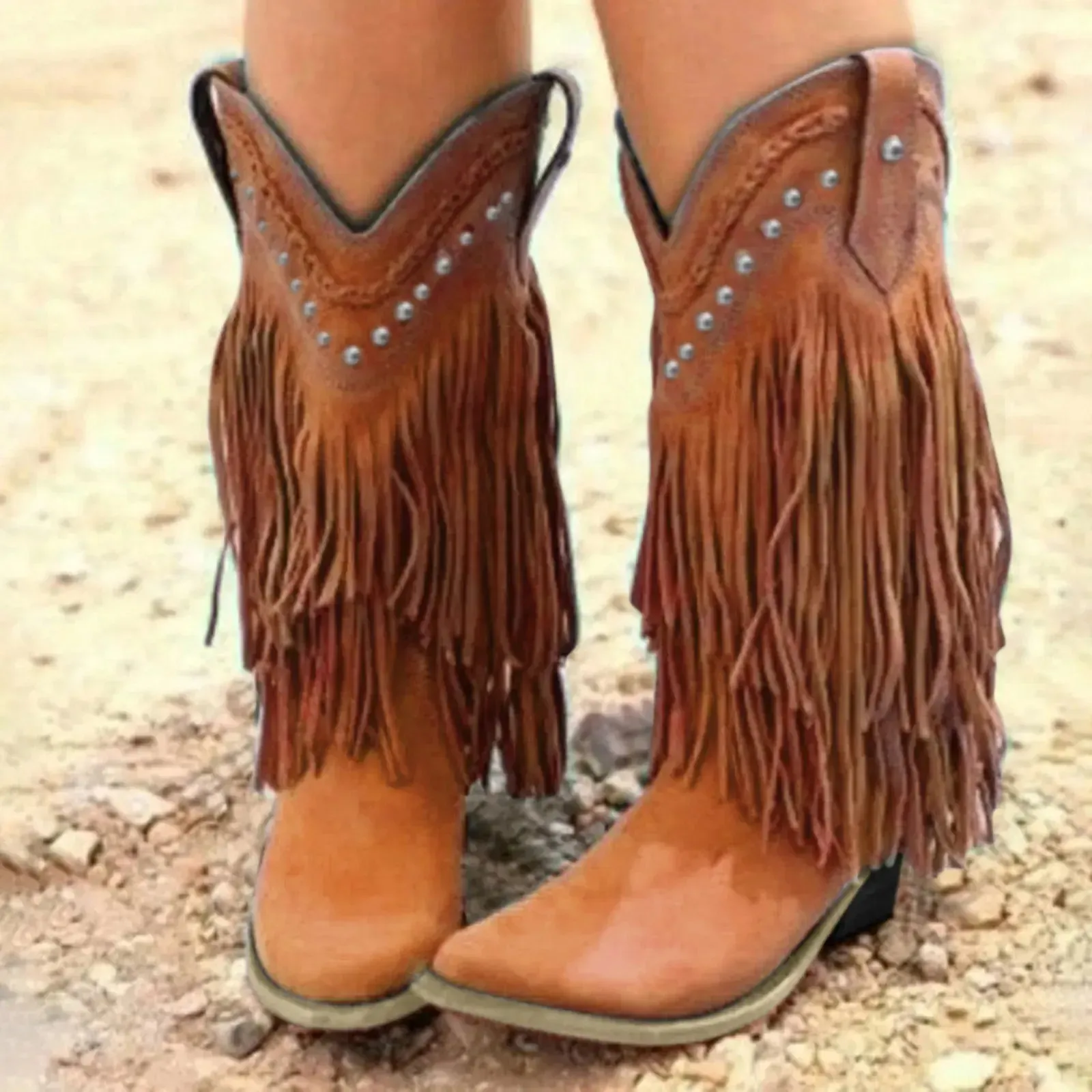 Women's Cowboy Boots with Vintage Tassel Detailing and Thick Heel for Ultimate Comfort and Style