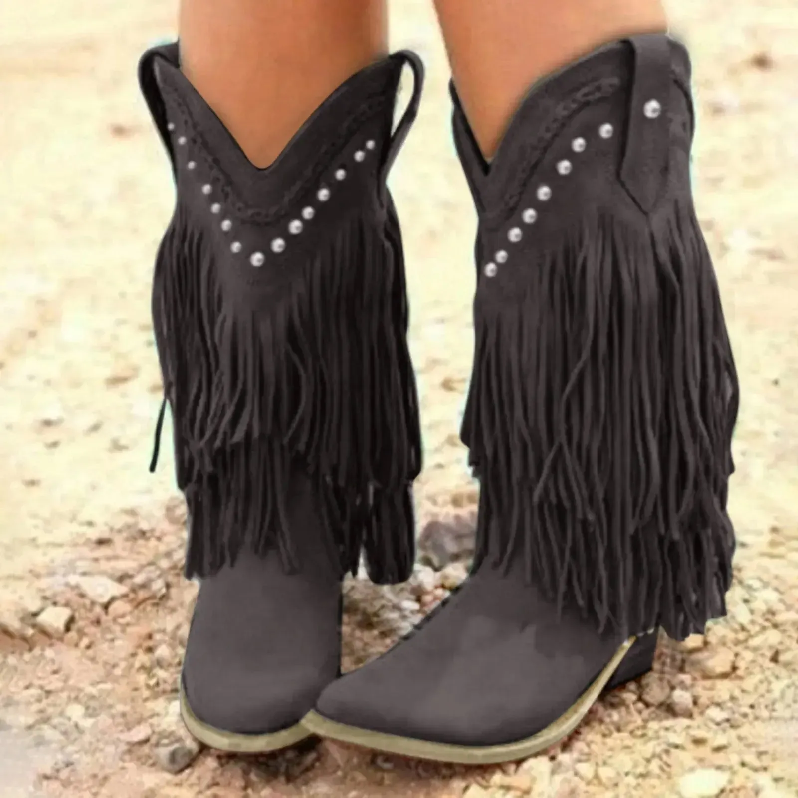 Women's Cowboy Boots with Vintage Tassel Detailing and Thick Heel for Ultimate Comfort and Style