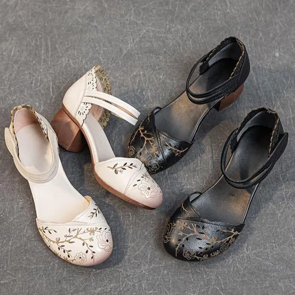 Women's Head Cowhide Chunky Heel Retro Hollow Out Printed Sandals